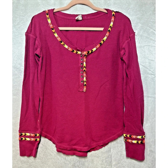 Free People Womens Sz S Embroidered Thermal Henley Top Waffle Knit Top Rainbow - Picture 1 of 12